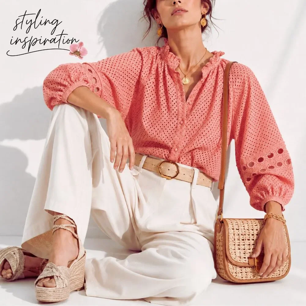 Banana Republic Eyelet Lace Blouse Medium Coral Pink Boho Ruffle Puff Sleeve